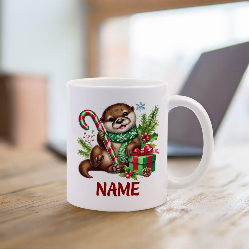 Tailorly White Ceramic 11 oz Mug - Name Festive Holiday Scene Featuring A Scarf Wearing Candy Cane Holding Cute Otter