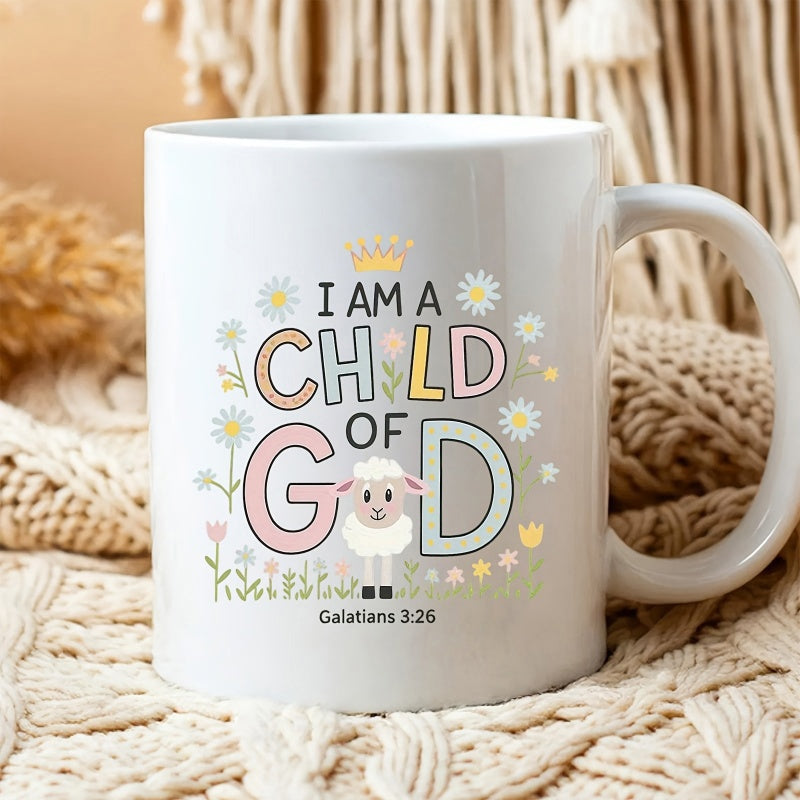 Tailorly White Ceramic 11 oz Mug - I Am A Child Of God Galatians 3 26 Sweet Little Lamb Among Soft Pastel Floral Blooms Lamb