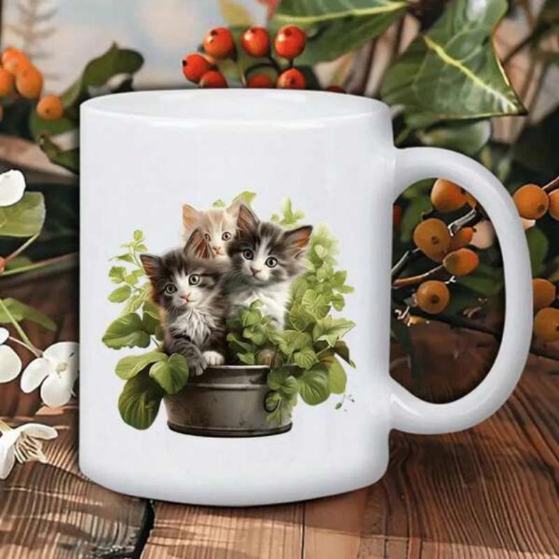 Tailorly White Ceramic 11 oz Mug - Three Fluffy Small Kittens Nestled Among Vibrant Green Garden Plant Foliage Kittens