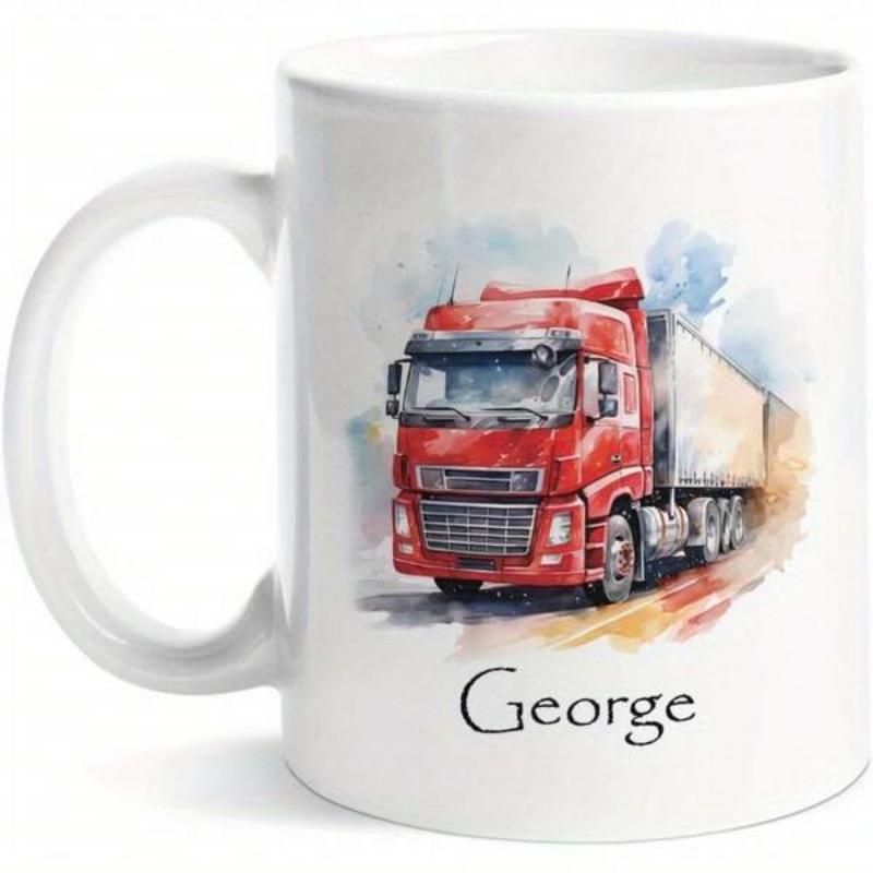 Tailorly White Ceramic 11 oz Mug - George Vibrant Watercolor Artistic Red Semi Truck Traveling On Scenic Road Truck