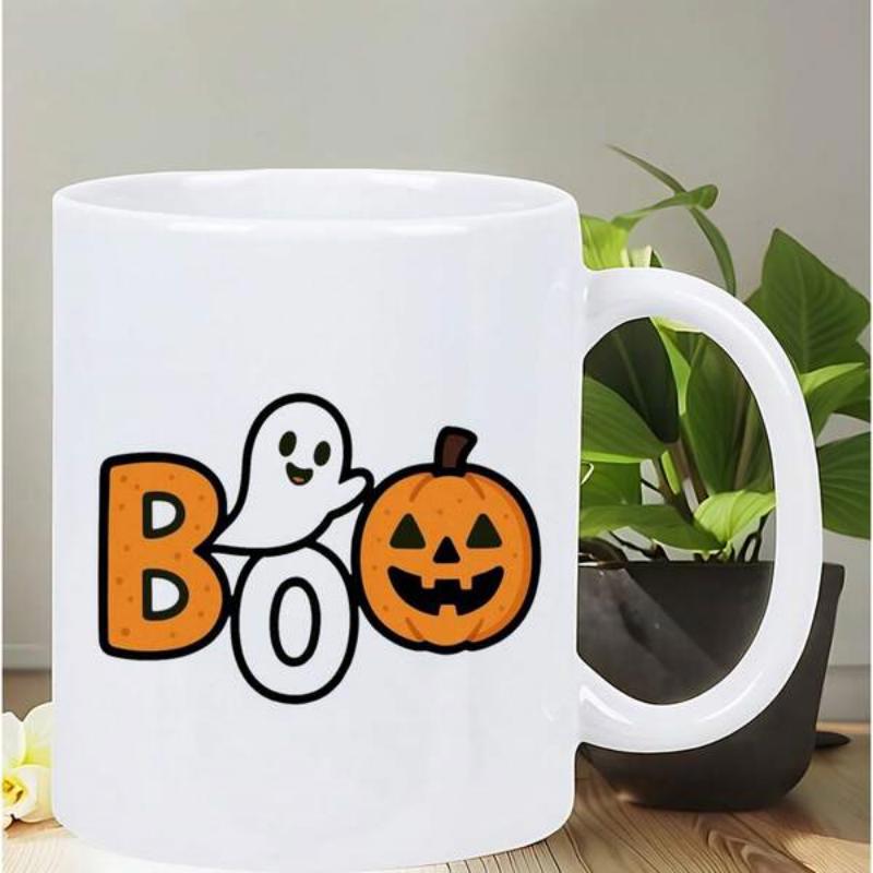 Tailorly White Ceramic 11 oz Mug - Boo Smiling White Ghost And Glowing Orange Jack O Lantern Halloween Theme Pumpkin