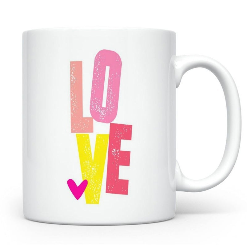 Tailorly White Ceramic 11 oz Mug - Love Distressed Colorful Block Letters Featuring A Small Romantic Vibrant Heart