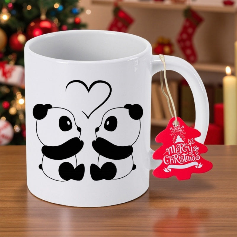 Tailorly White Ceramic 11 oz Mug - Merry Christmas Two Adorable Minimalist Sketch Pandas Sitting Under A Heart Panda