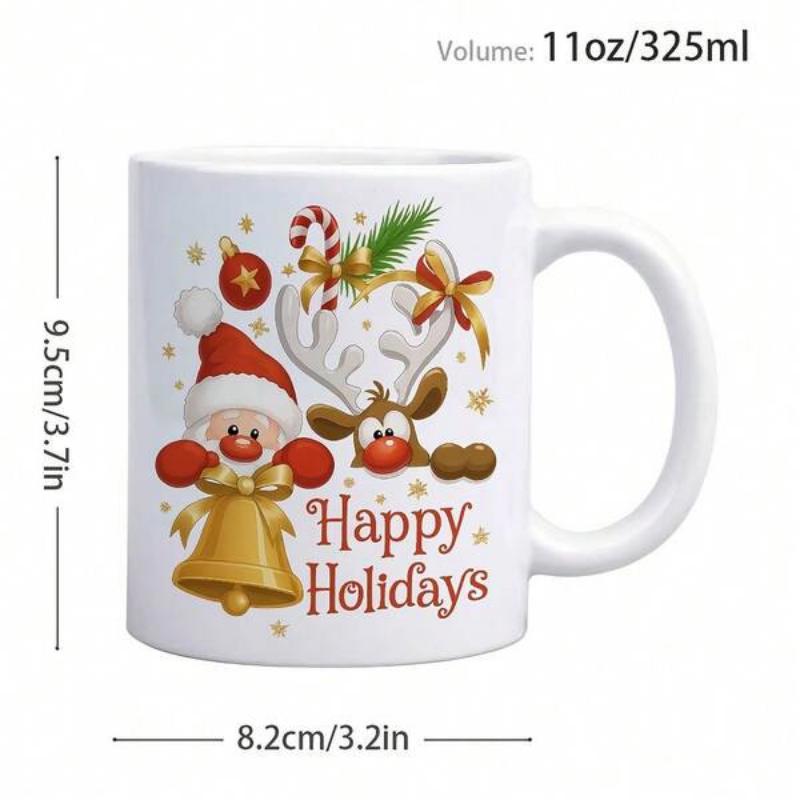Tailorly White Ceramic 11 oz Mug - Happy Holidays Festive Cartoon Characters Celebrating Christmas With Santa And Peeking Reindeer