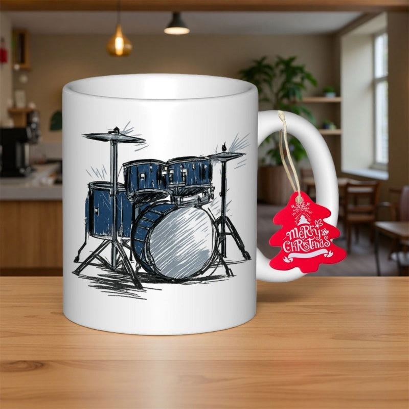 Tailorly White Ceramic 11 oz Mug - Artistic Sketchy Dark Blue Musical Percussion Instrument Set On Empty Stage Drum Kit
