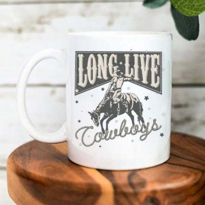 Tailorly White Ceramic 11 oz Mug - Long Live Cowboys Rustic Vintage Silhouette Of A Bronco Rider With Stars Scattered Around Cowboy