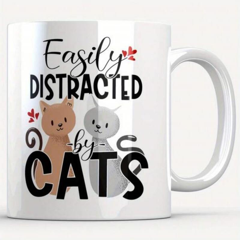 Tailorly White Ceramic 11 oz Mug - Easily Distracted By Cats Two Cute Cartoon Kittens Sitting Together With Small Red Floral Accents Cat