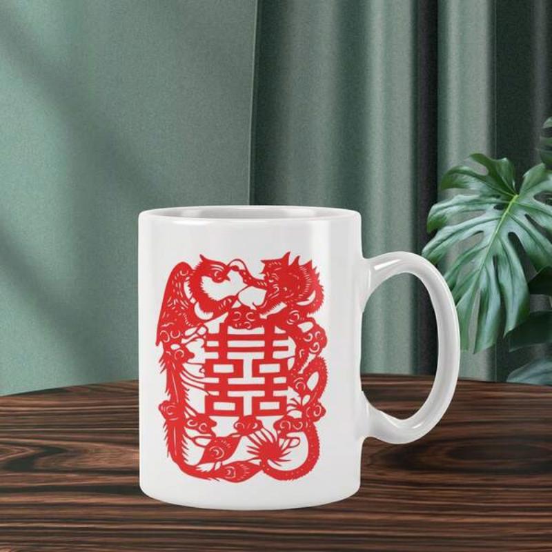 Tailorly White Ceramic 11 oz Mug - Elegant Traditional Chinese Red Paper Cut Art Featuring Dragon And Phoenix Illustration