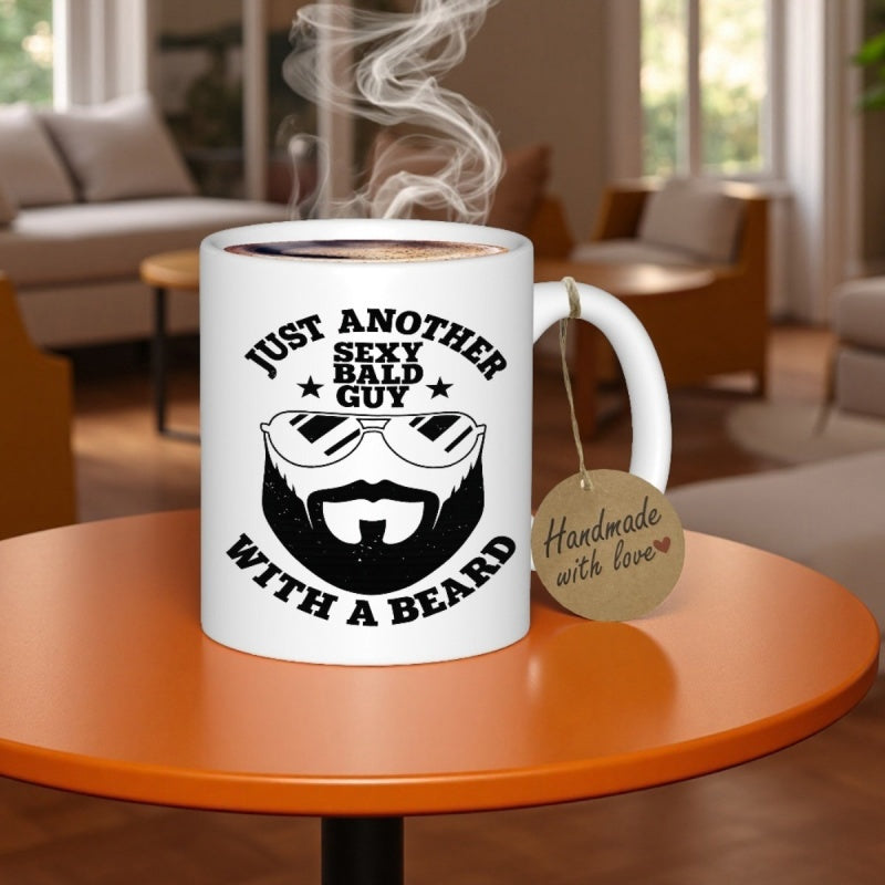 Tailorly White Ceramic 11 oz Mug - Just Another Sexy Bald Guy With A Beard Bold Minimalist Bearded Man Head Wearing Cool Aviator Sunglasses Face