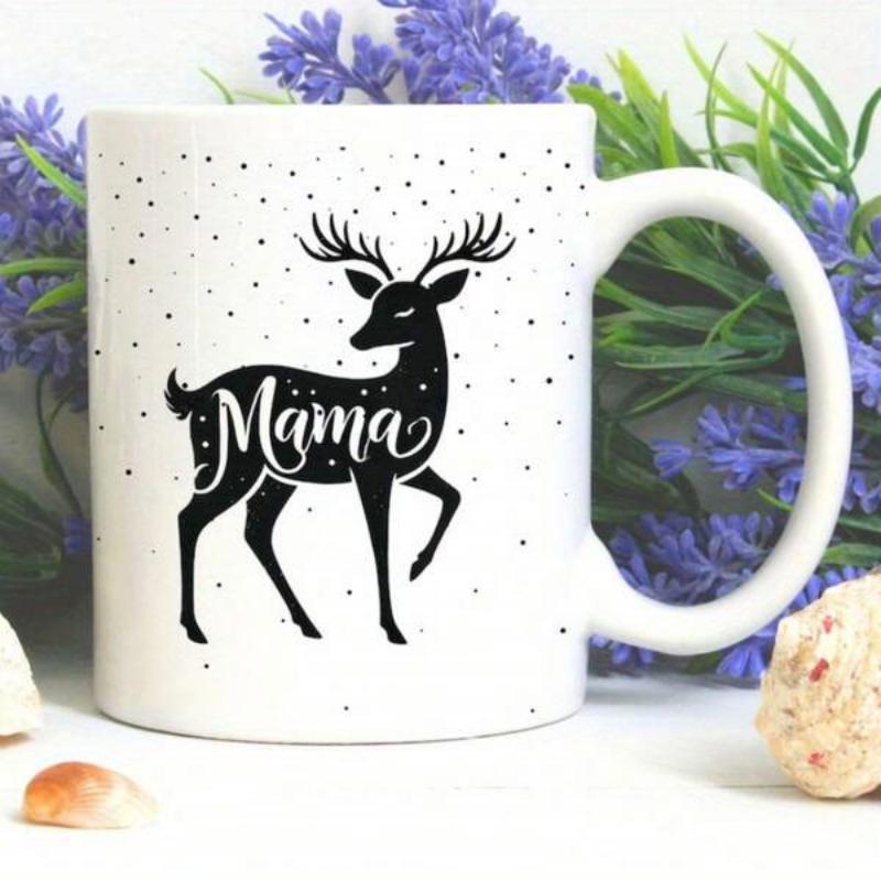 Tailorly White Ceramic 11 oz Mug - Mama Elegant Black Antlered Silhouette Standing Amidst Delicate Glistening Snowfall Deer