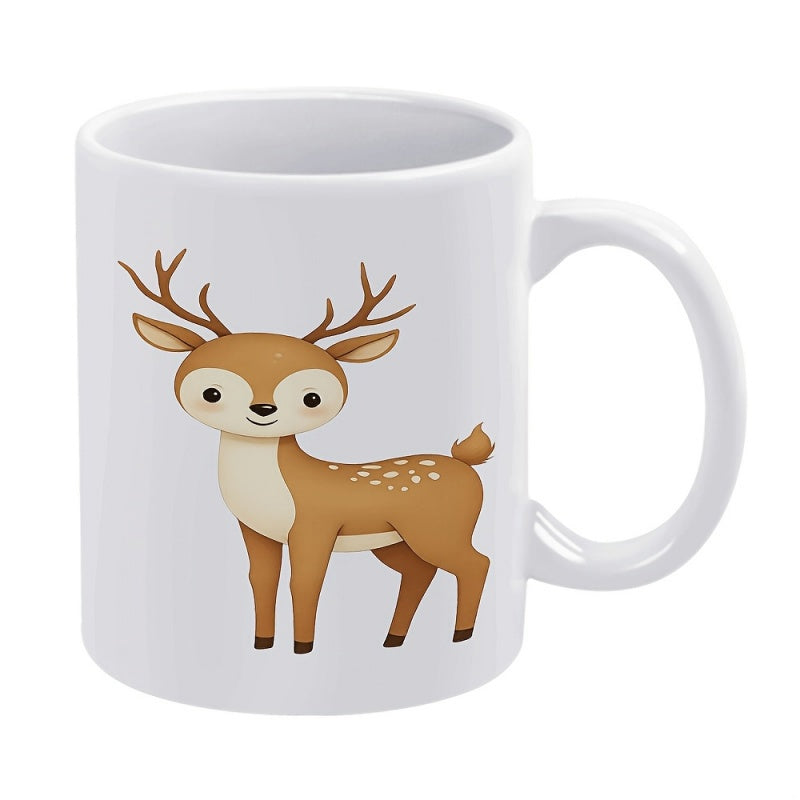 Tailorly White Ceramic 11 oz Mug - Adorable Brown Forest Animal Standing With Gentle Smile On White Surface Deer