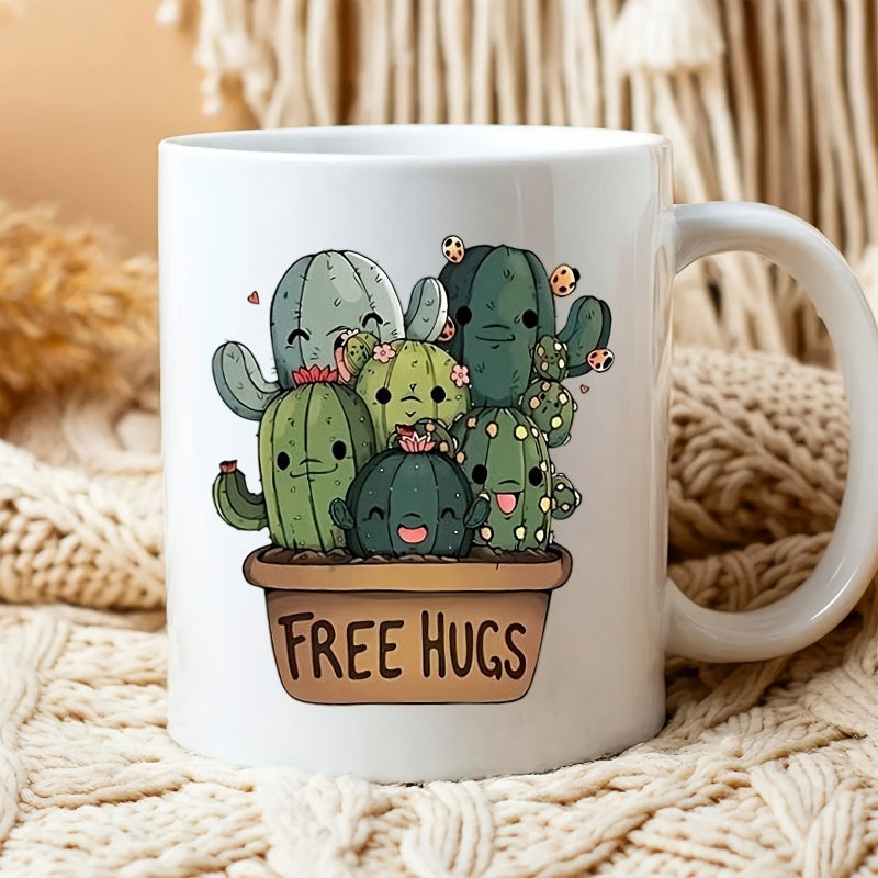 Tailorly White Ceramic 11 oz Mug - Free Hugs Adorable Hand Drawn Smiling Cartoon Succulents Sitting Inside A Small Pot Cactus