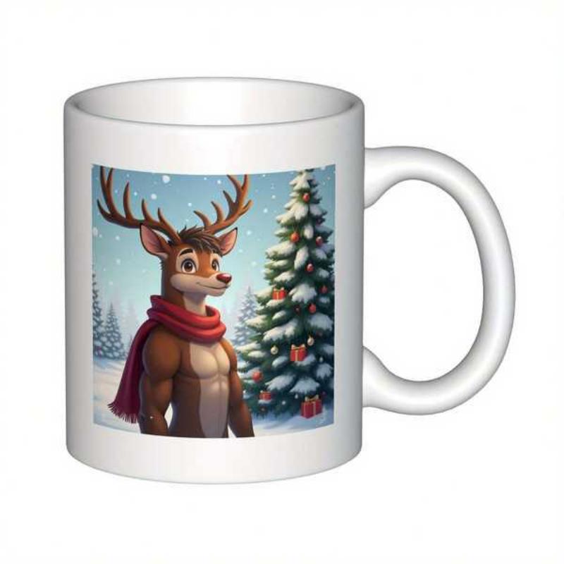 Tailorly White Ceramic 11 oz Mug - Standing In Snowy Forest Beside A Decorated Festive Pine Tree Reindeer