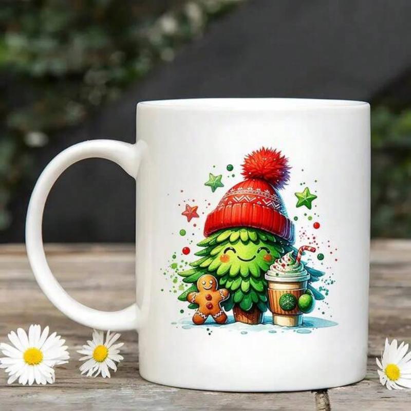 Tailorly White Ceramic 11 oz Mug - Adorably Smiling Green Pine Wearing Red Winter Hat Beside Sweet Gingerbread Tree