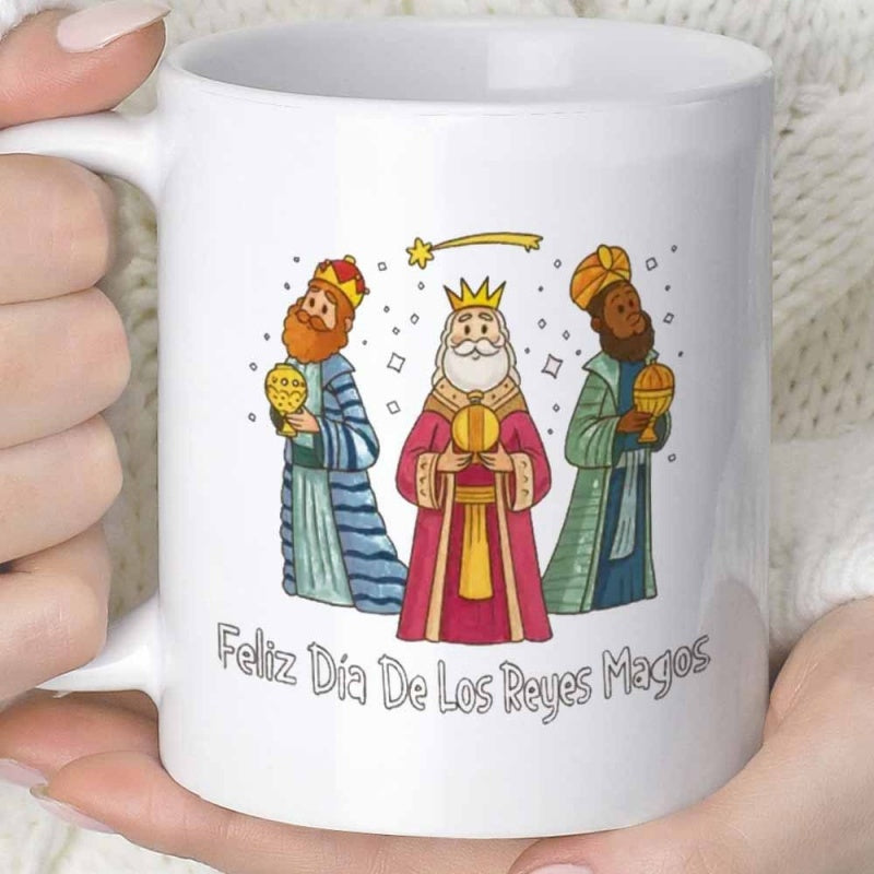 Tailorly White Ceramic 11 oz Mug - Three Cartoon Figures Holding Gifts Under A Glowing Star Kings