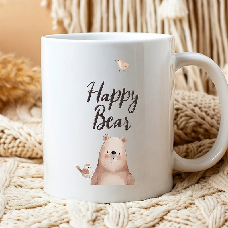 Tailorly White Ceramic 11 oz Mug - Happy Bear Sweet Watercolor Illustration Featuring Small Birds Beside A Smiling Fluffy Bear