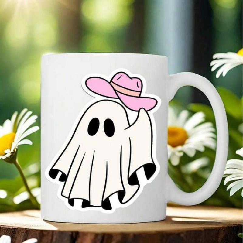 Tailorly White Ceramic 11 oz Mug - Adorable Cartoon Ghost Wearing A Stylish Pink Wide Brimmed Cowboy Hat Ghost