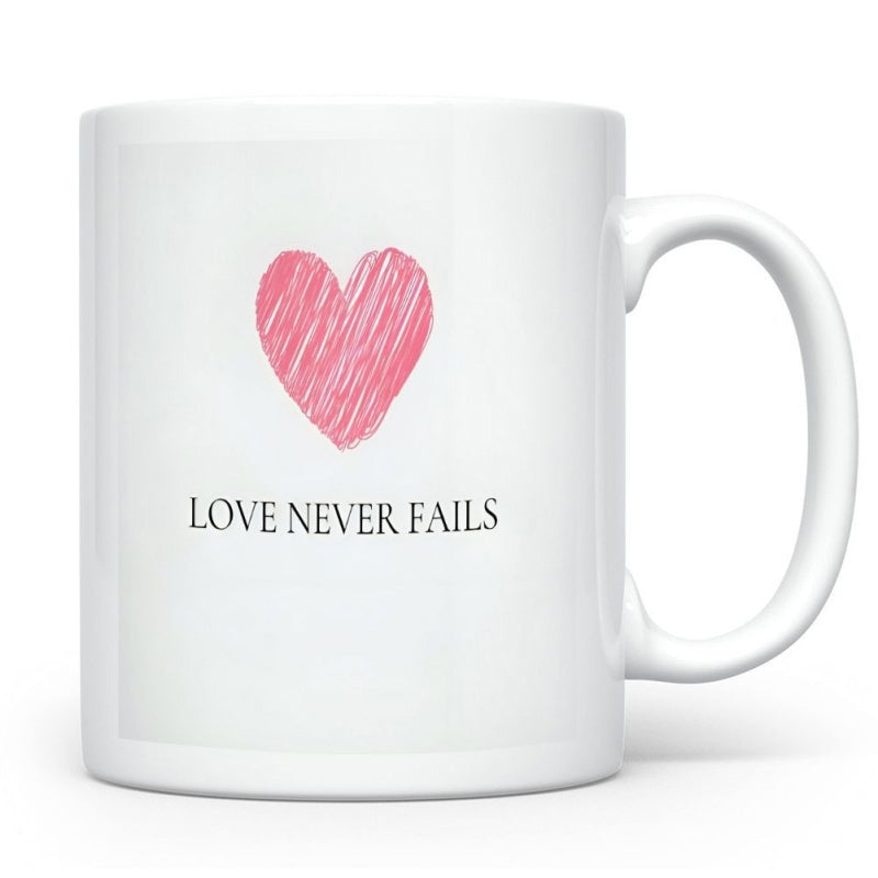 Tailorly White Ceramic 11 oz Mug - Love Never Fails Hand Drawn Pink Scribble Texture Centered On Plain White Surface Heart