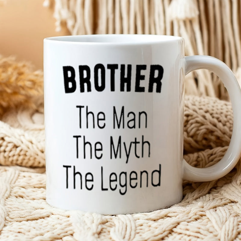 Tailorly White Ceramic 11 oz Mug - Brother The Man The Myth The Legend Simple White Ceramic Cup Resting On Soft Knitted Blanket Mug