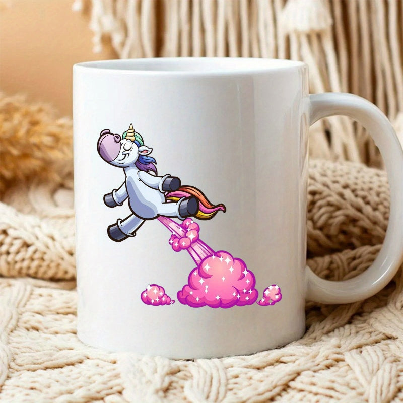 Tailorly White Ceramic 11 oz Mug - Magical Rainbow Cartoon Character Soaring Above Pink Sparkling Smoke Clouds Majestic Unicorn