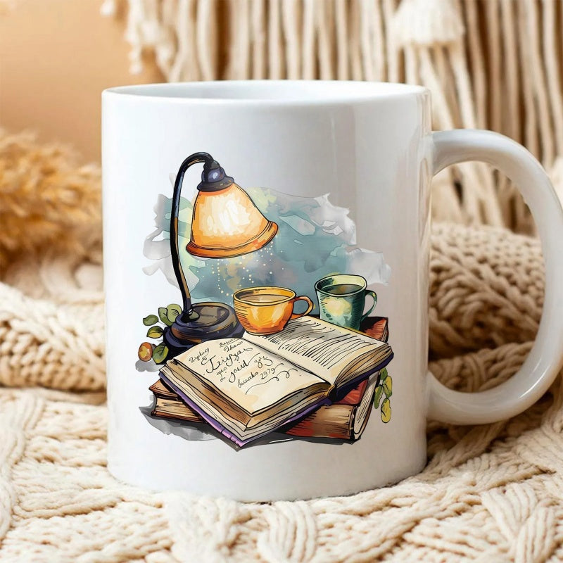 Tailorly White Ceramic 11 oz Mug - Cozy Vintage Desk Lamp Glowing Over Open Pages On Wooden Stacked Books Book