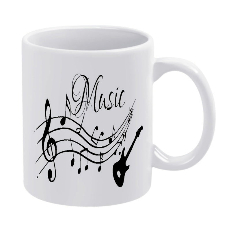 Tailorly White Ceramic 11 oz Mug - Music Flowing Among Graceful Musical Notes And Rhythmic Wavy Staff Lines Guitar