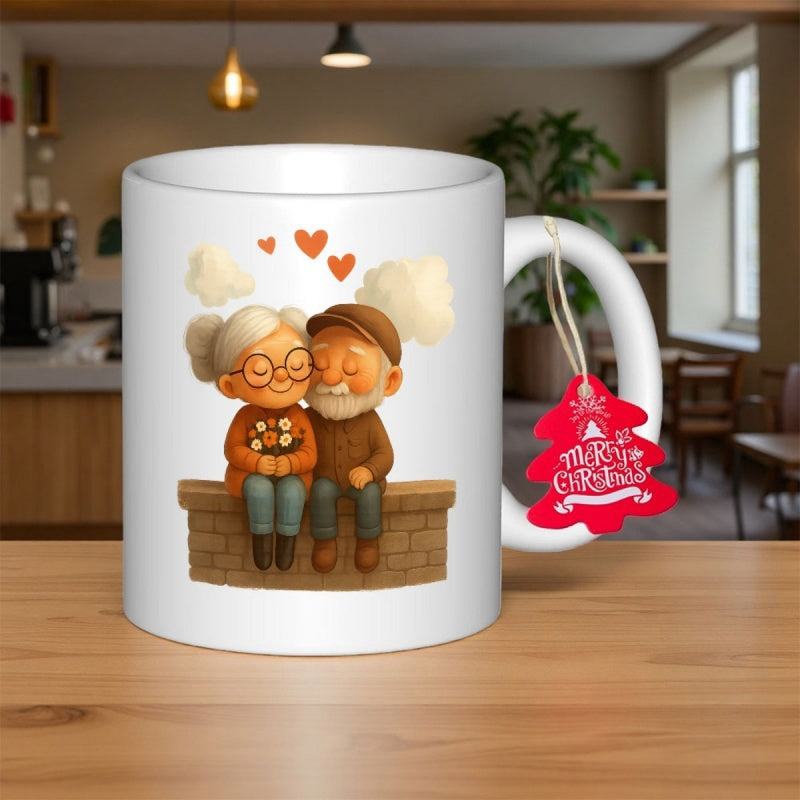 Tailorly White Ceramic 11 oz Mug - Cute Elderly Characters Sitting On A Brick Wall With Small Red Hearts Couple