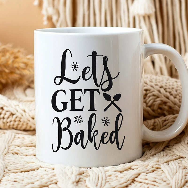 Tailorly White Ceramic 11 oz Mug - Lets Get Baked Minimalist Hand Lettered Design Featuring Crossed Kitchen Utensils And Decorative Stars Mug