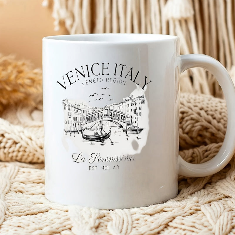 Tailorly White Ceramic 11 oz Mug - Venice Italy Veneto Region La Serenissima Vintage Sketch Of Rialto Bridge Floating Over Calm Canal Water Gondola