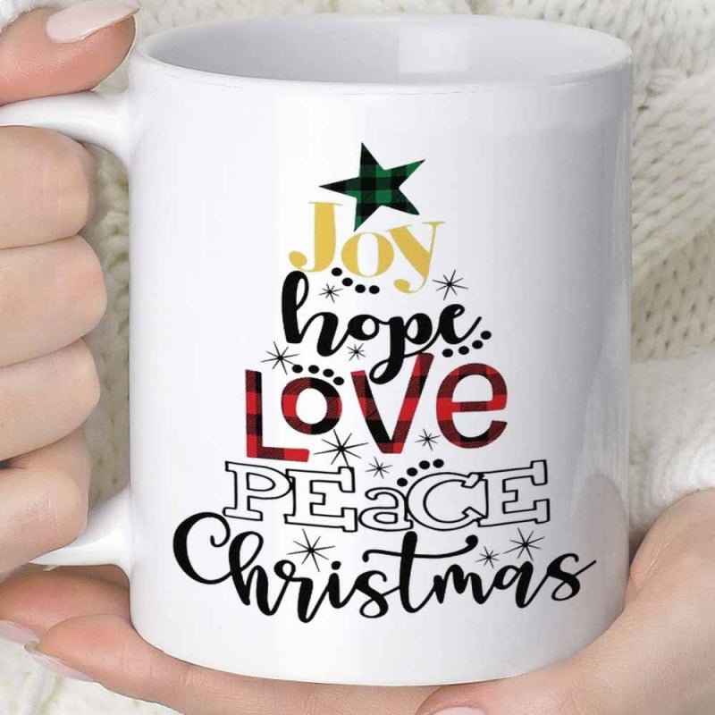 Tailorly White Ceramic 11 oz Mug - Joy Hope Love Peace Christmas Festive Typography Arranged In A Triangular Holiday Shape Tree