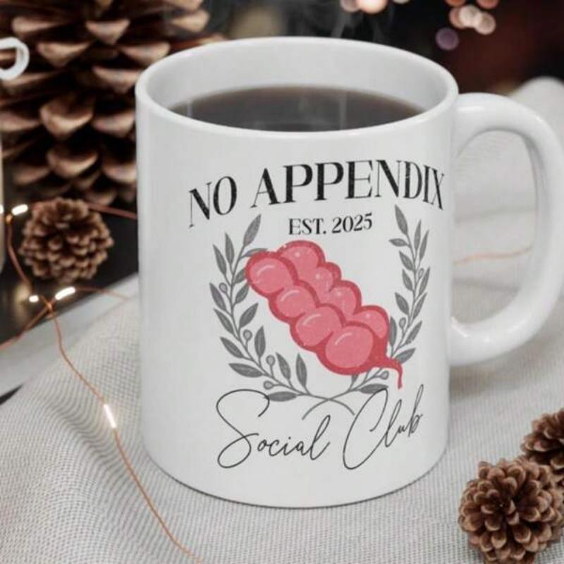 Tailorly White Ceramic 11 oz Mug - No Appendix Social Club Red Anatomical Organ Illustration Encircled By A Grey Laurel Wreath Mug