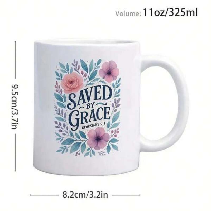 Tailorly White Ceramic 11 oz Mug - Saved By Grace Delicate Watercolor Pink Flowers With Elegant Teal Leaves Framing Sacred Scripture Mug