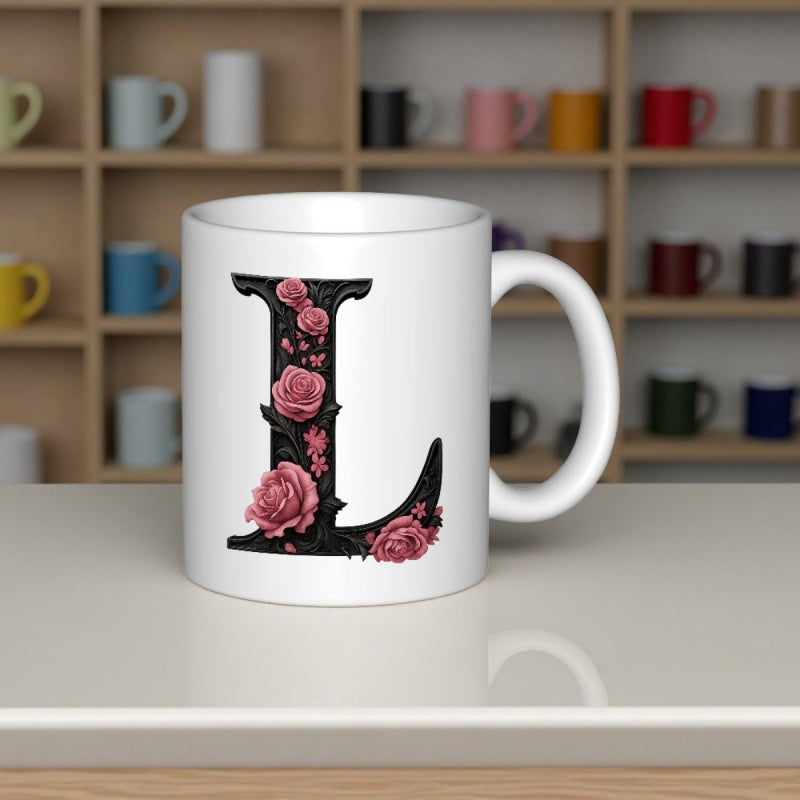 Tailorly White Ceramic 11 oz Mug - L Elegant Black Serif Letter Decorated With Beautiful Pink Blooming Floral Roses Initial