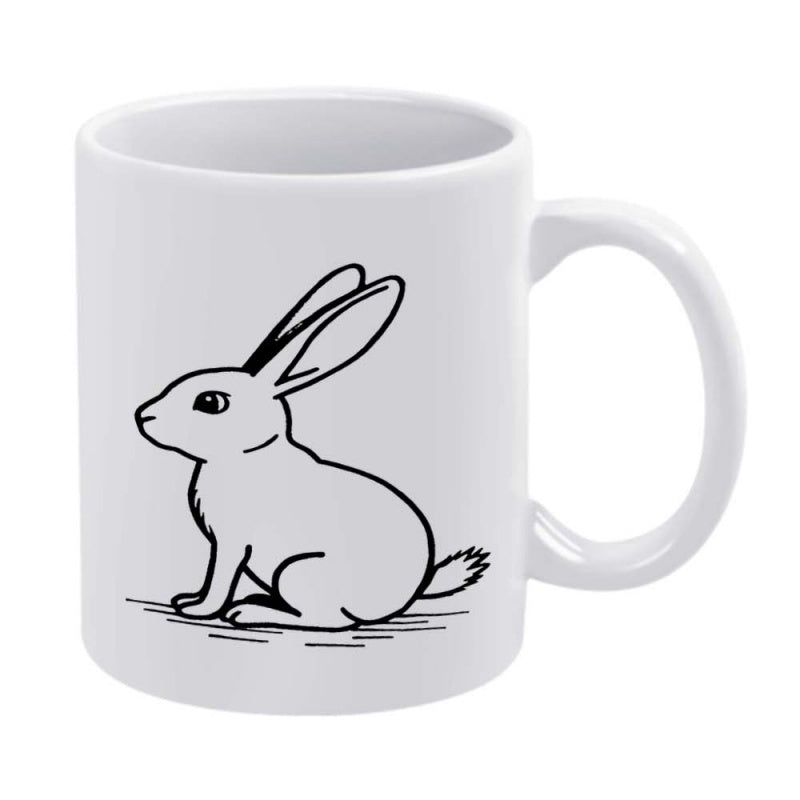Tailorly White Ceramic 11 oz Mug - Simple Hand Drawn Black Outline Sketch Of A Sitting Forest Rabbit