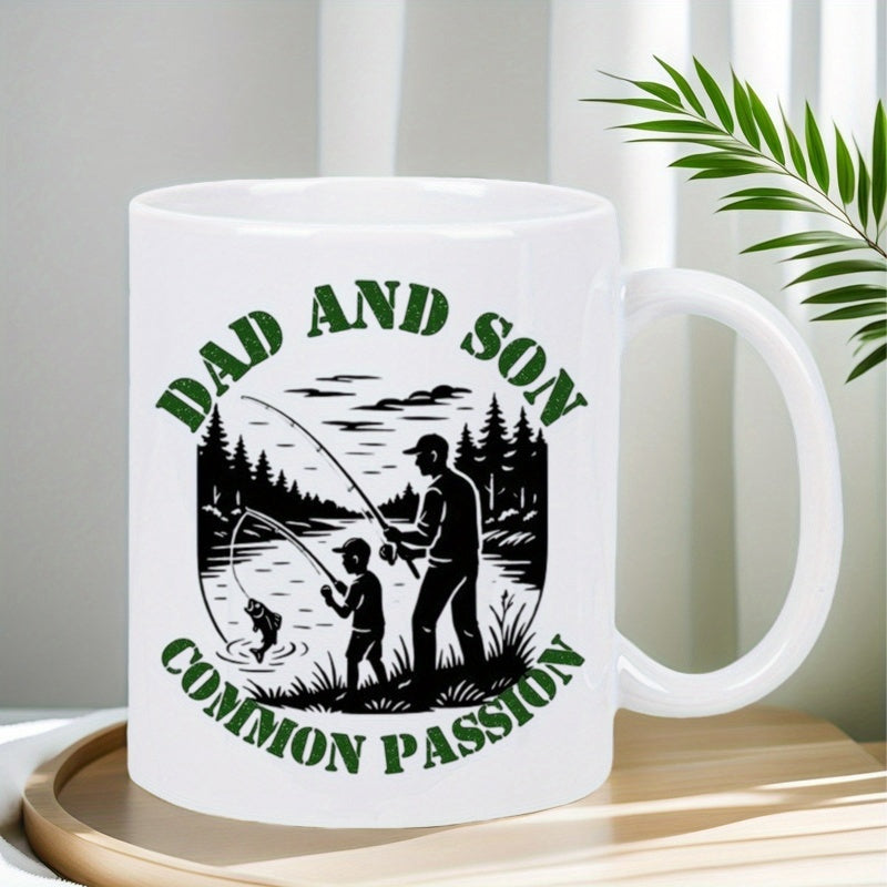 Tailorly White Ceramic 11 oz Mug - Dad And Son Common Passion Serene Lakeside Scene With Father And Child Fishing In Morning Light Silhouette