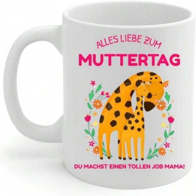 Tailorly White Ceramic 11 oz Mug - Cute Mother And Baby Giraffe Cuddling Among Colorful Blooming Floral Wreath Giraffe