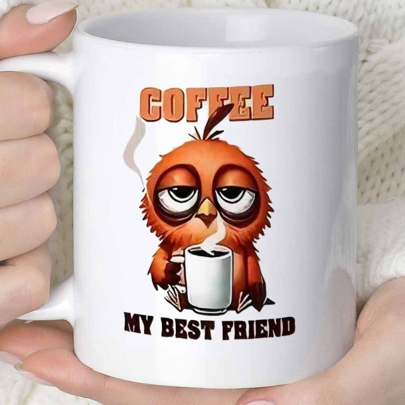 Tailorly White Ceramic 11 oz Mug - Coffee My Best Friend Sleepy Looking Tired Orange Cartoon Creature Holding Small Hot Steaming Cup Bird