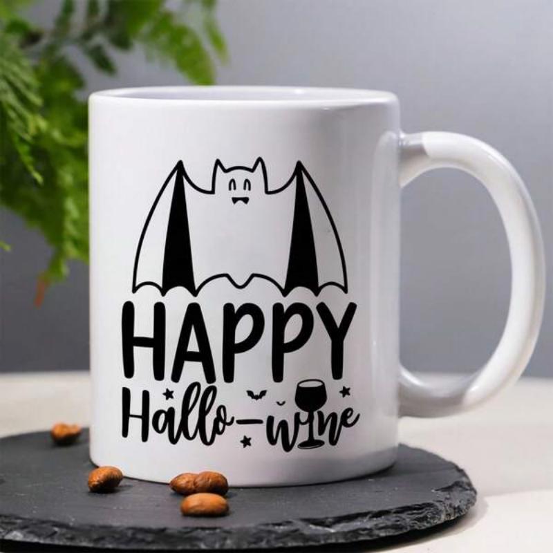 Tailorly White Ceramic 11 oz Mug - Happy Hallo Wine Spooky Bat With Wide Open Wings And A Formal Bowtie Bat