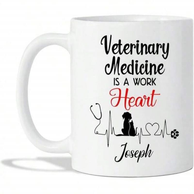 Tailorly White Ceramic 11 oz Mug - Veterinary Medicine Heart Joseph Minimalist Professional Stethoscope Connected To A Life Saving Pulse Rhythm Heartbeat