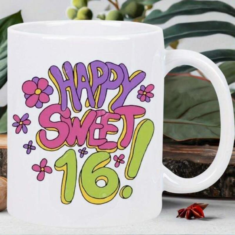 Tailorly White Ceramic 11 oz Mug - Happy Sweet 16 Colorful Groovy Stylized Letters Surrounded By Charming Retro Floral Petals Celebration