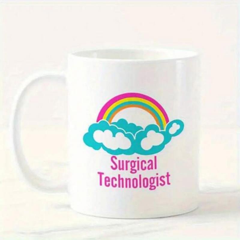 Tailorly White Ceramic 11 oz Mug - Surgical Technologist Colorful Arch With Fluffy Blue Clouds And Vibrant Sky Rainbow