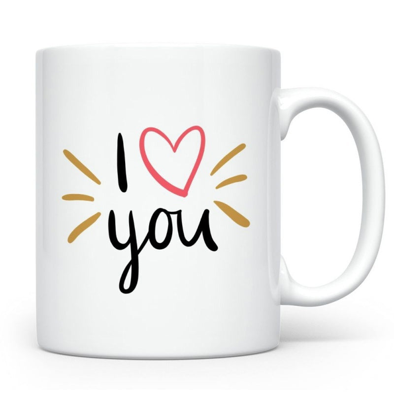 Tailorly White Ceramic 11 oz Mug - I You Minimalist Pink Hand Drawn Style With Radiant Golden Sparkles Heart