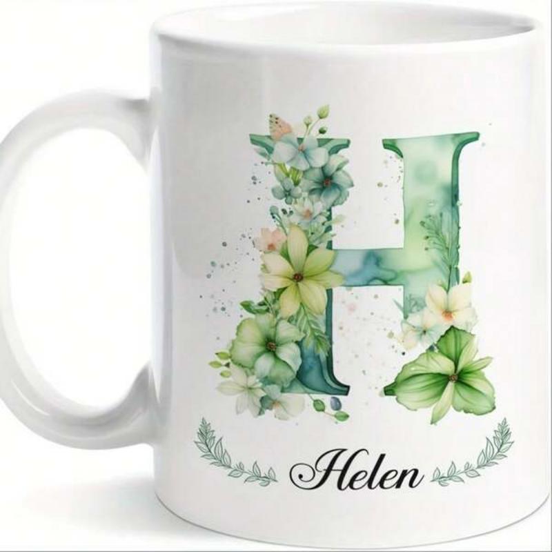 Tailorly White Ceramic 11 oz Mug - Helen Elegant Green Watercolor Flowers And Leaves Among A Decorative Artistic Initial