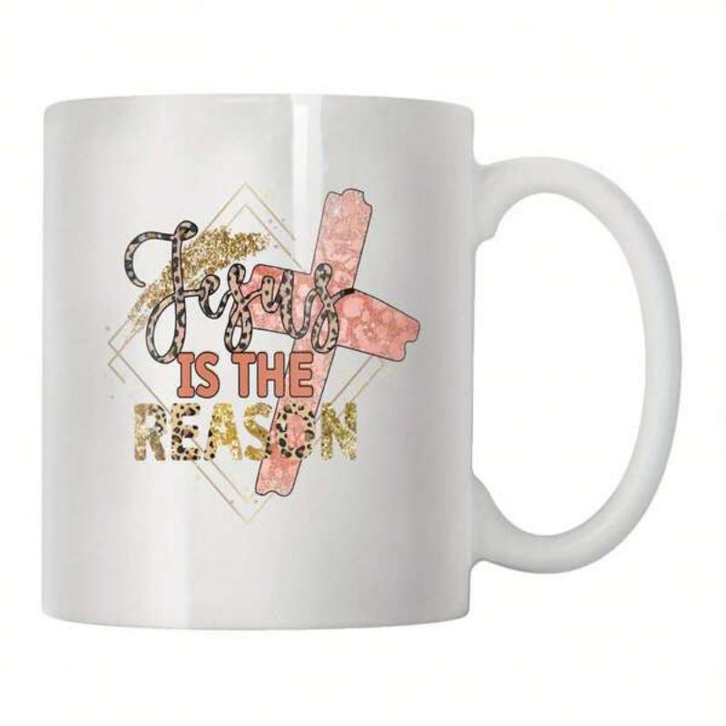 Tailorly White Ceramic 11 oz Mug - Jesus Is The Reason Leopard Print Patterned Religious Symbol With Geometric Diamond Frame Cross