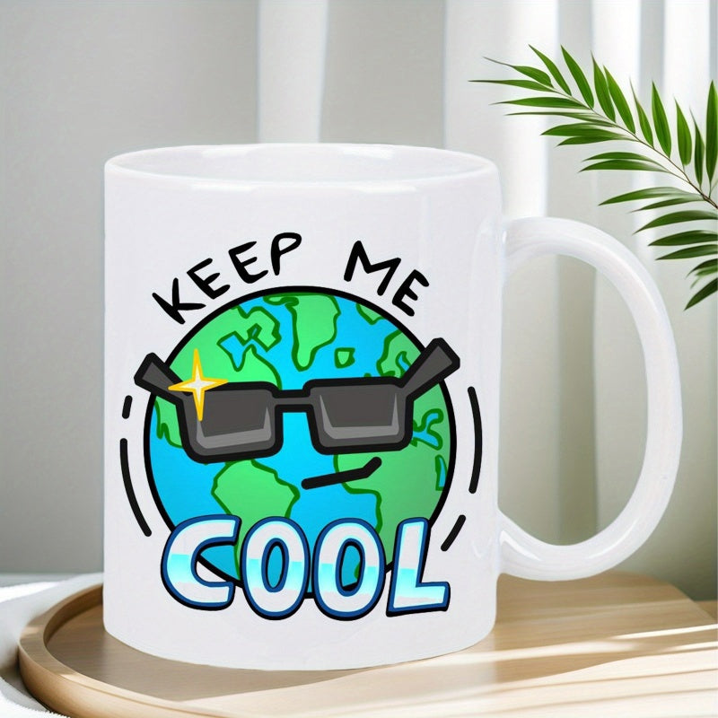 Tailorly White Ceramic 11 oz Mug - Keep Me Cool Cartoon Planet Wearing Black Sunglasses Smiling Under Bright Glowing Earth