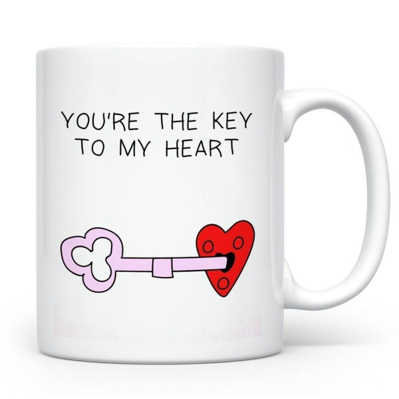 Tailorly White Ceramic 11 oz Mug - Youre The Key To My Heart Whimsical Pink Key Inserting Into A Vibrant Romantic Red Heart