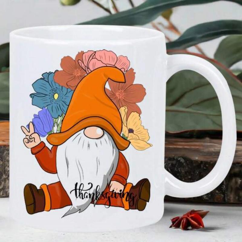Tailorly White Ceramic 11 oz Mug - Thanksgiving Colorful Flowers Blooming Behind A Sitting Festive Autumn Harvest Gnome