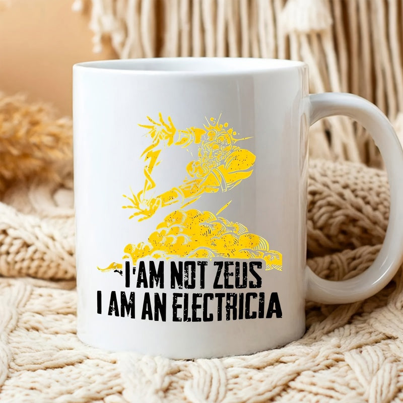 Tailorly White Ceramic 11 oz Mug - I Am Not Zeus I Am An Electricia Vibrant Yellow Character With Static Hair Among Rocky Clouds Electrician