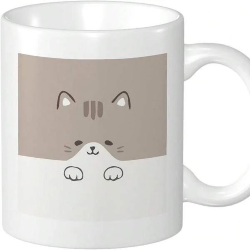 Tailorly White Ceramic 11 oz Mug - Minimalist Cartoon Style Grey And White Peeking Over With Little Paws Cat