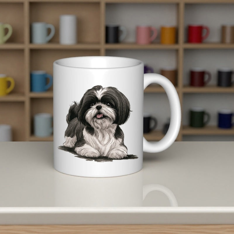 Tailorly White Ceramic 11 oz Mug - Adorable Long Haired Black And White Puppy Resting Calmly On Surface Shih Tzu